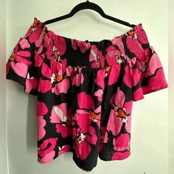 Who What Wear Linen top Short Sleeve Smocked Bardot Top - Medium - Picture 2 of 6